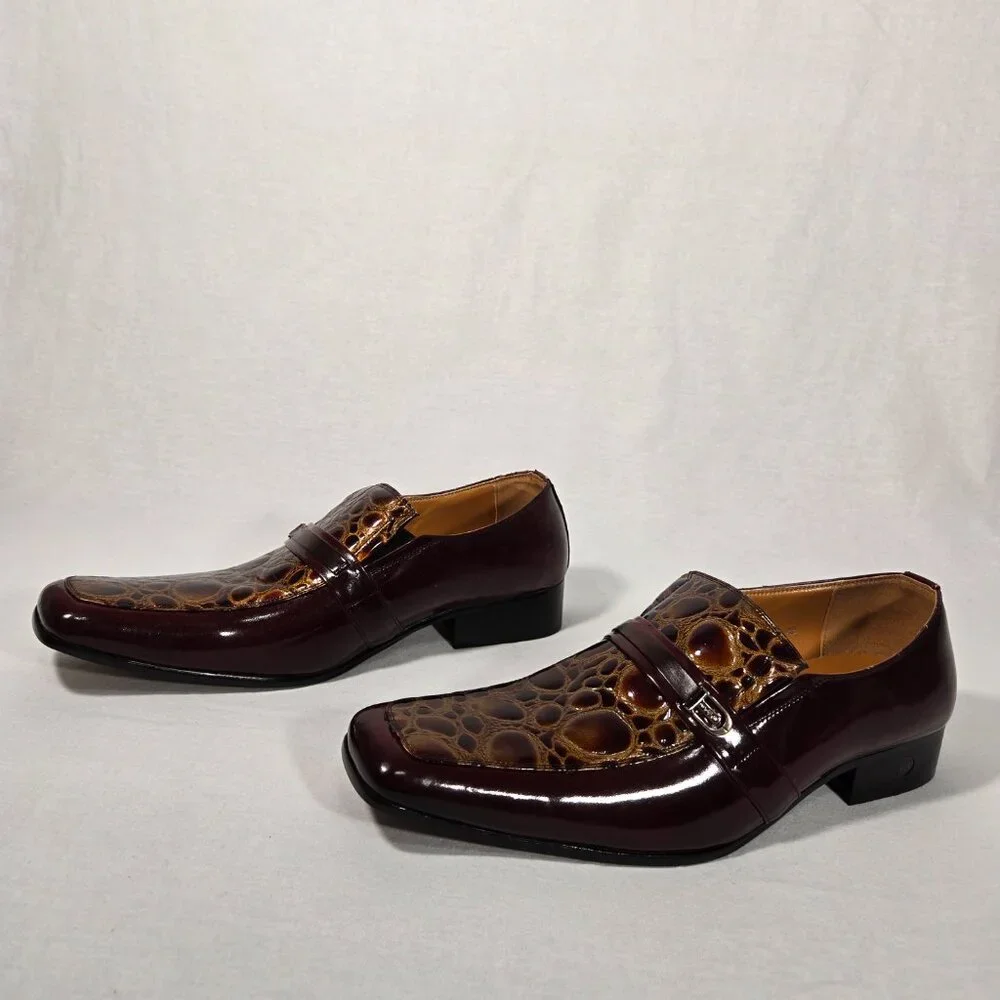 Vintage BALLY Rockabilly Red Wine Patent Leather Brown Crocodile Loafers Size 9B